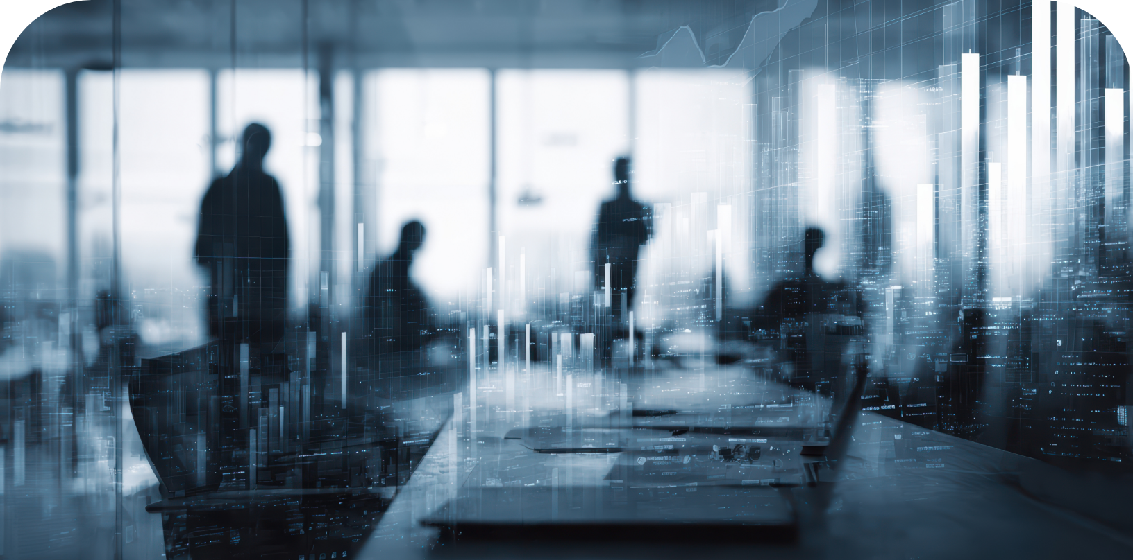 People in an office seen through reflective glass